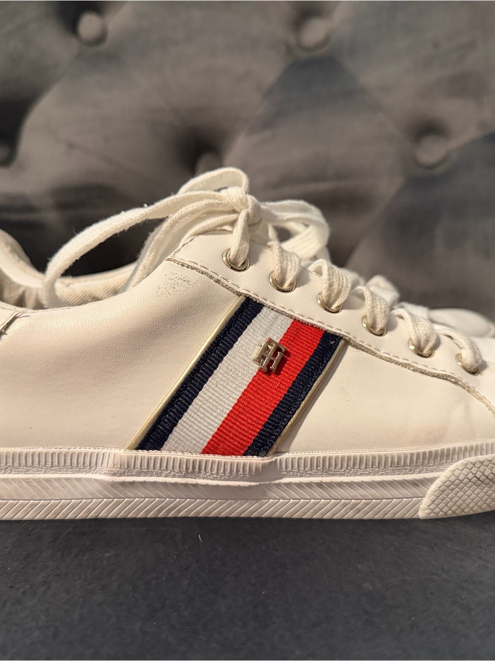 Tommy Hilfiger White Leather Sneaker with Red & Navy Stripe